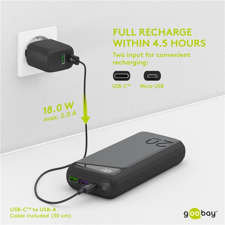 Goobay Quick Charge Power Bank 20,000 mAh - 74 Wh (Black, USB-C PD, QC 3.0)