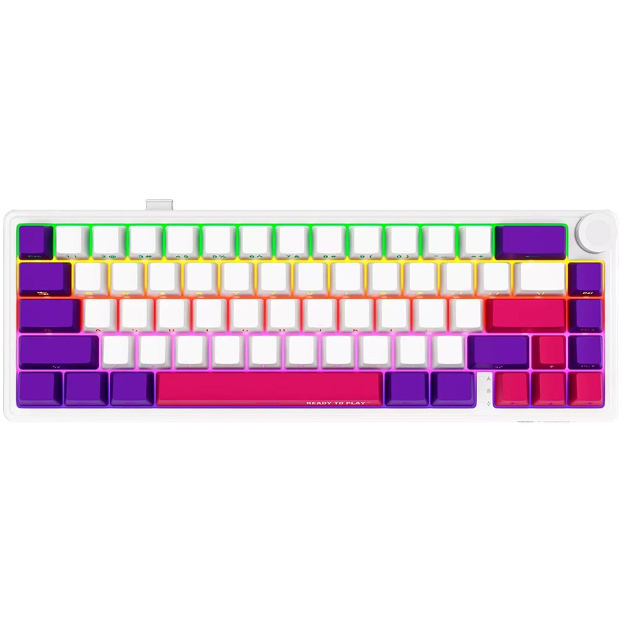 Lorgar kbp70mw, gaming toetsenbord (wit, us lay-out, logar toxic purple, 65%, rgb, hot-swappable, pbt double-shot, bluetooth 2.4ghz usb)