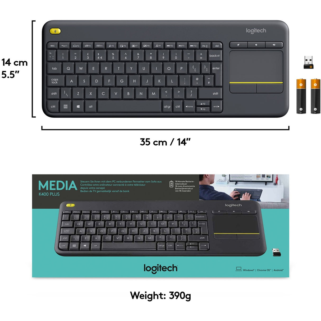 Clavier tactile sans fil Logitech K400 Plus