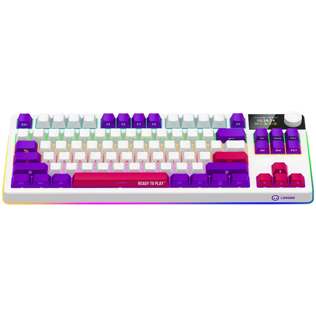Lorgar kbp70tklw, gaming toetsenbord (wit, us lay-out, logar toxic purple, tkl, rgb, hot-swappable, pbt double-shot, bluetooth 2.4ghz usb)