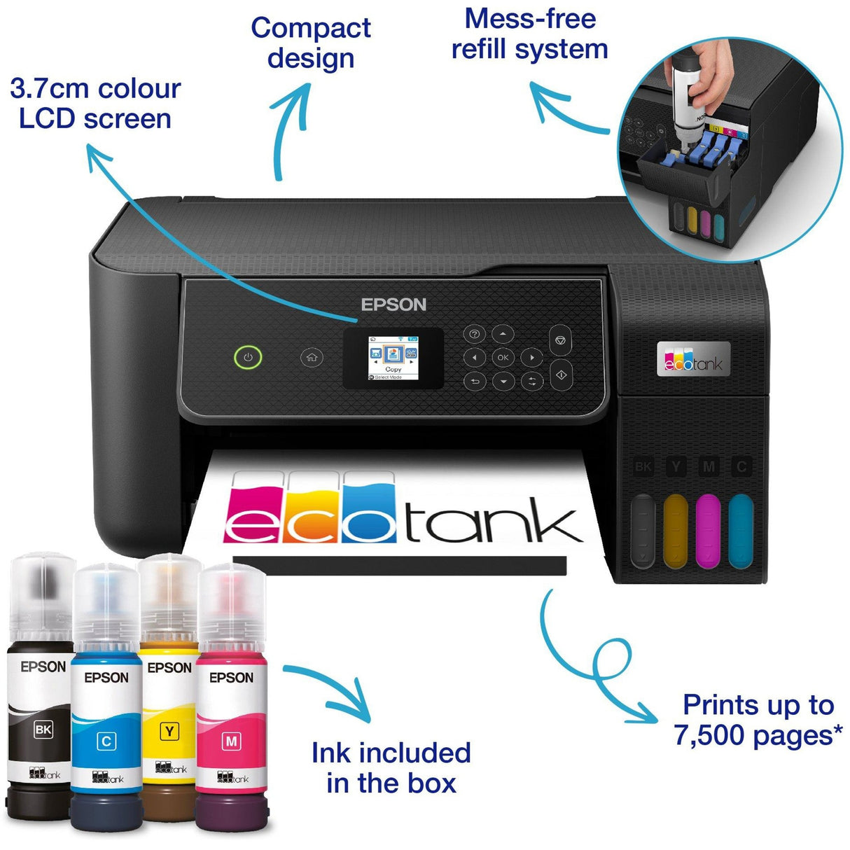 Epson EcoTank ET-2871 A4 Multifunction Wi-Fi Printer with Ink Tank All-in-One Inkjet Printer (Black, Scan, Copy, Wi-Fi, Includes up to 3 Years of Ink)
