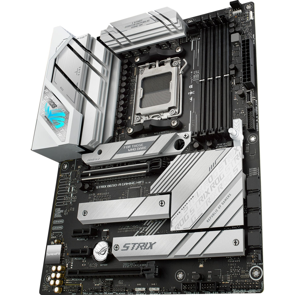 Asus ROG Strix B650-A Gaming WiFi Socket AM5 Motherboard (Silver, RAID, 2.5 Gb-LAN, Wi-Fi 6E, BT, Sound, ATX)