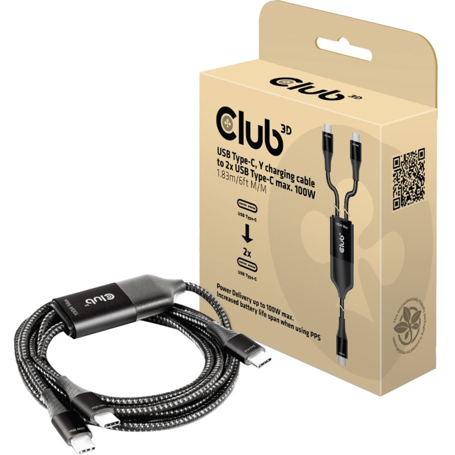 Club 3D USB Type-C Y Charging Cable to 2x USB Type-C Splitter Cable (Black, 1.83 meters, max. 100W)