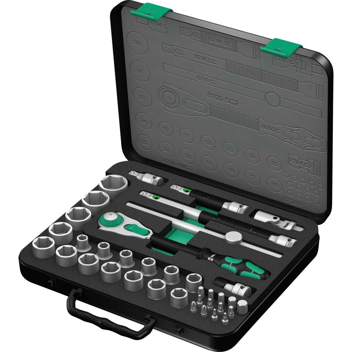 Wera 8100 SC 2 Zyklop Speed Ratchet Set, 1/2", 37-piece tool set (black-green, speed ratchet with swiveling head)