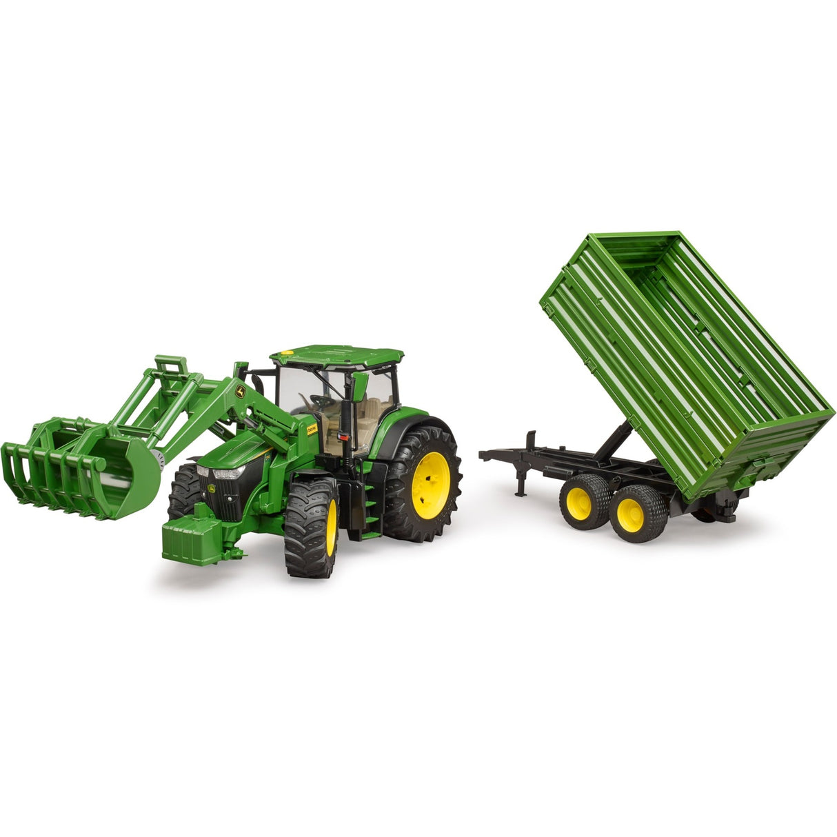 Trattore Bruder John Deere 7R 350 con rimorchio