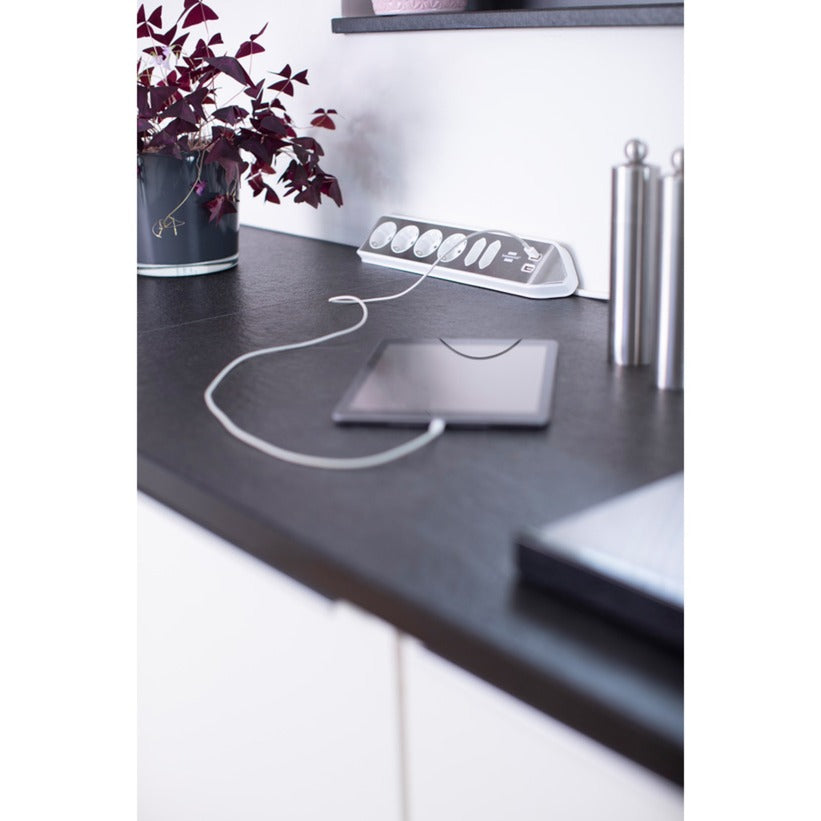 Brennenstuhl Estilo Corner Socket 4-way with USB Charging Function Power Strip (White Stainless Steel)