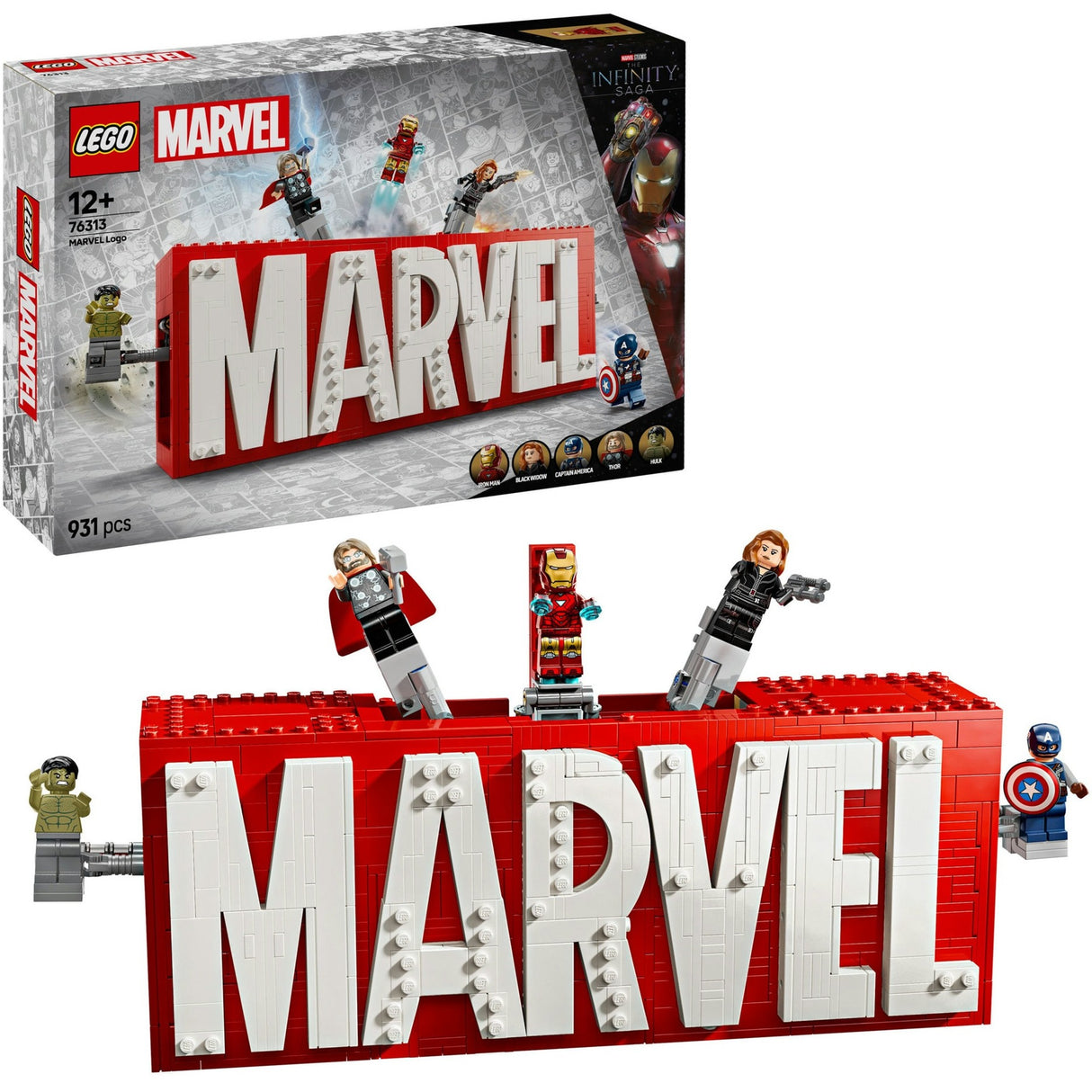 Lego superhjältar 76313 marvel logotyp och minifigurer