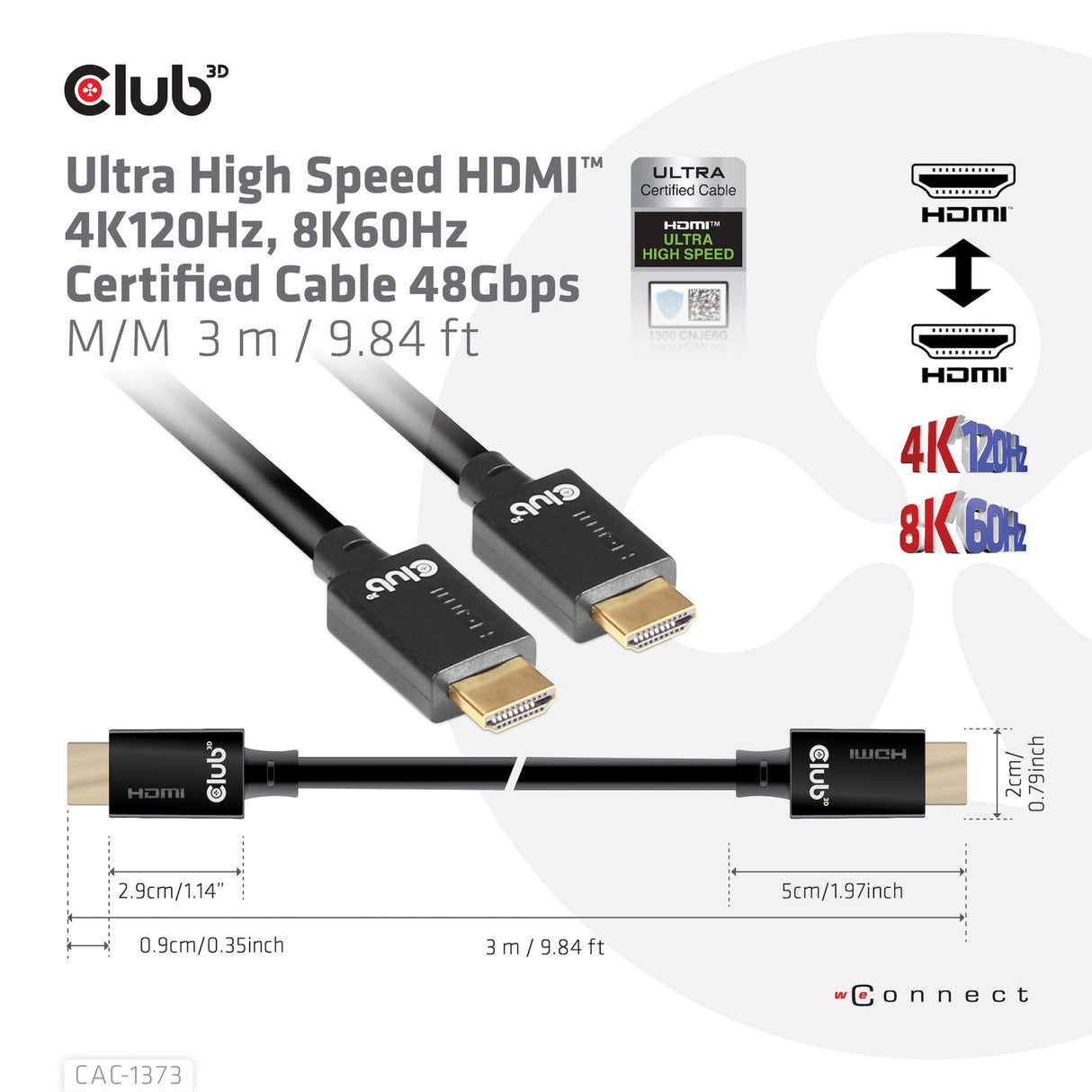 Club 3D Ultra High Speed HDMI cable (black, 3 meters, 4K 120Hz, 8K 60Hz, 48Gbps)
