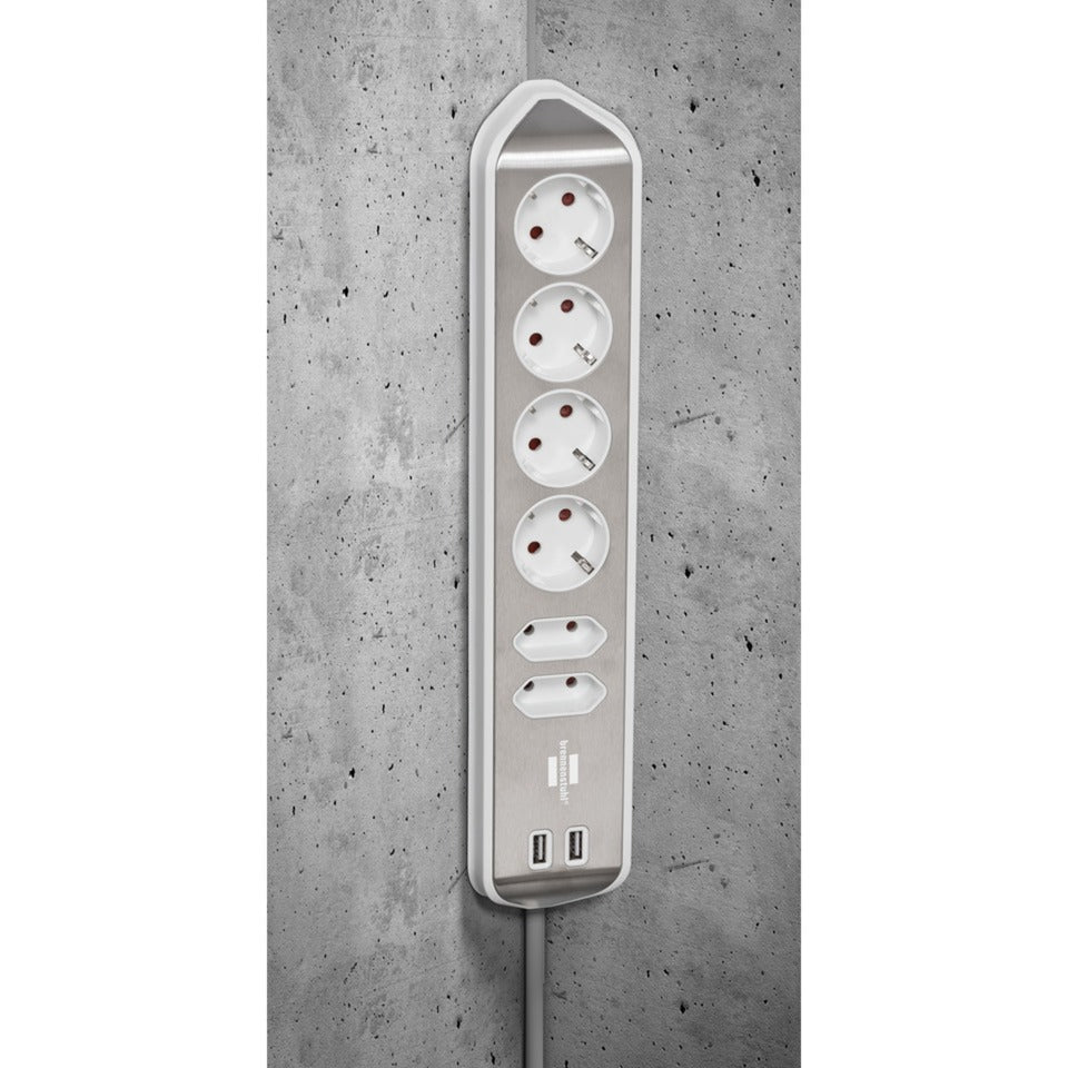 Brennenstuhl Estilo Corner Socket 4-way with USB Charging Function Power Strip (White Stainless Steel)