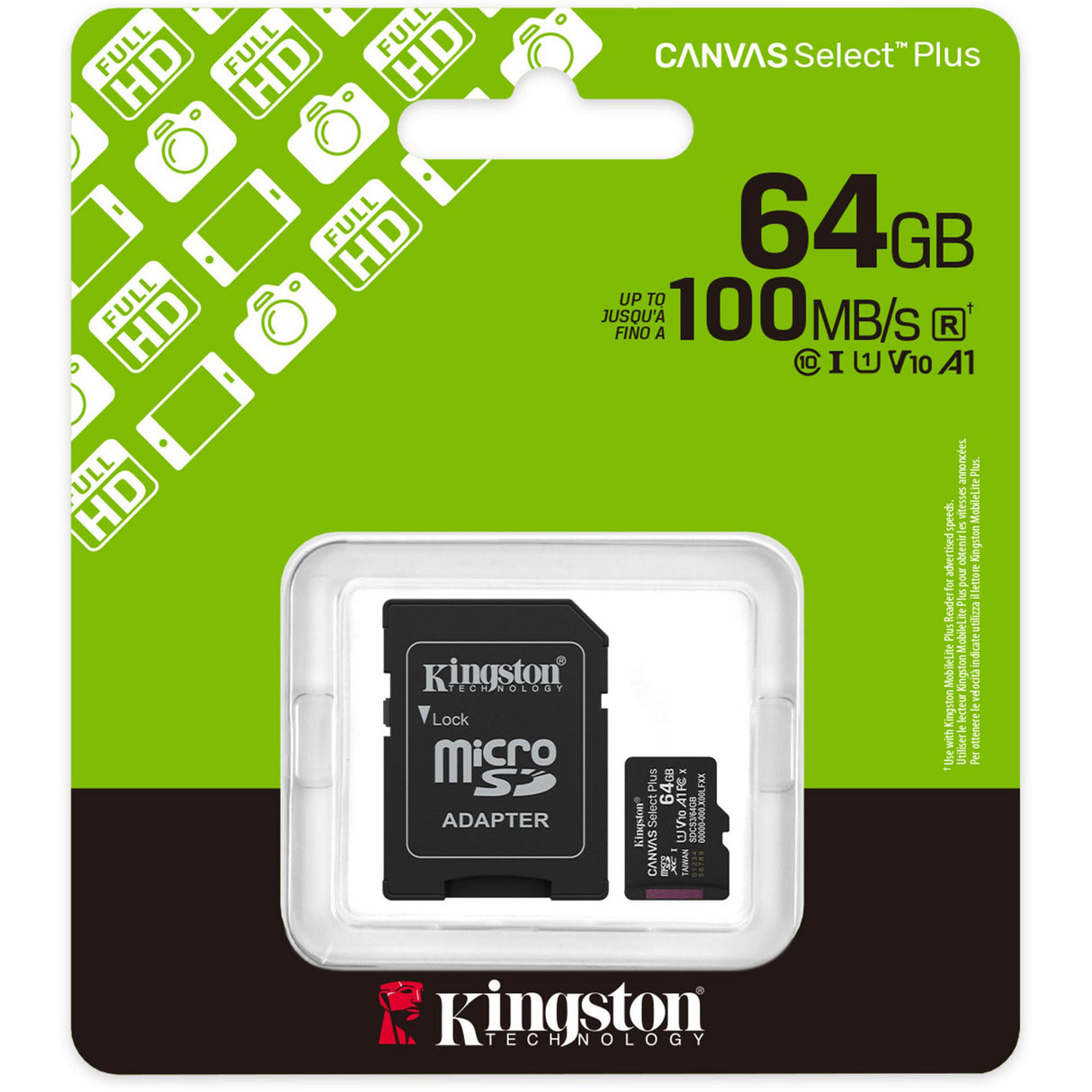 Kingston canvas select plus 64 gb microsdxc geheugenkaart (zwart, uhs-i u1, class 10, v10, incl. sd adapter)