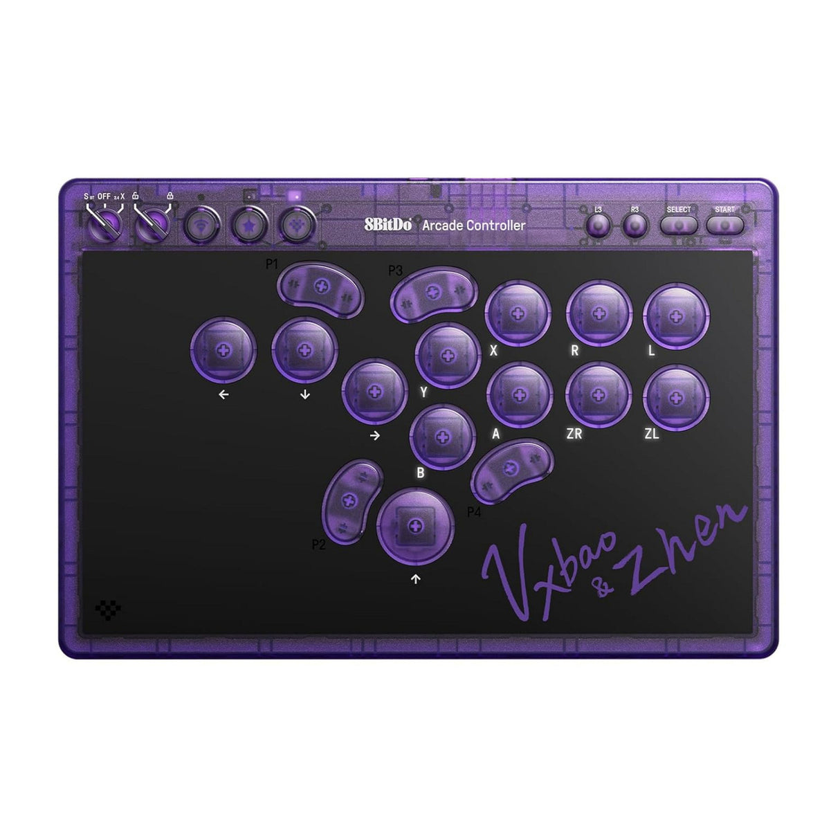 8bitdo arcade controller - transparent purple signature edition (purple transparent, 2.4 ghz bluetooth usb, nintendo switch 1 + 2, pc)