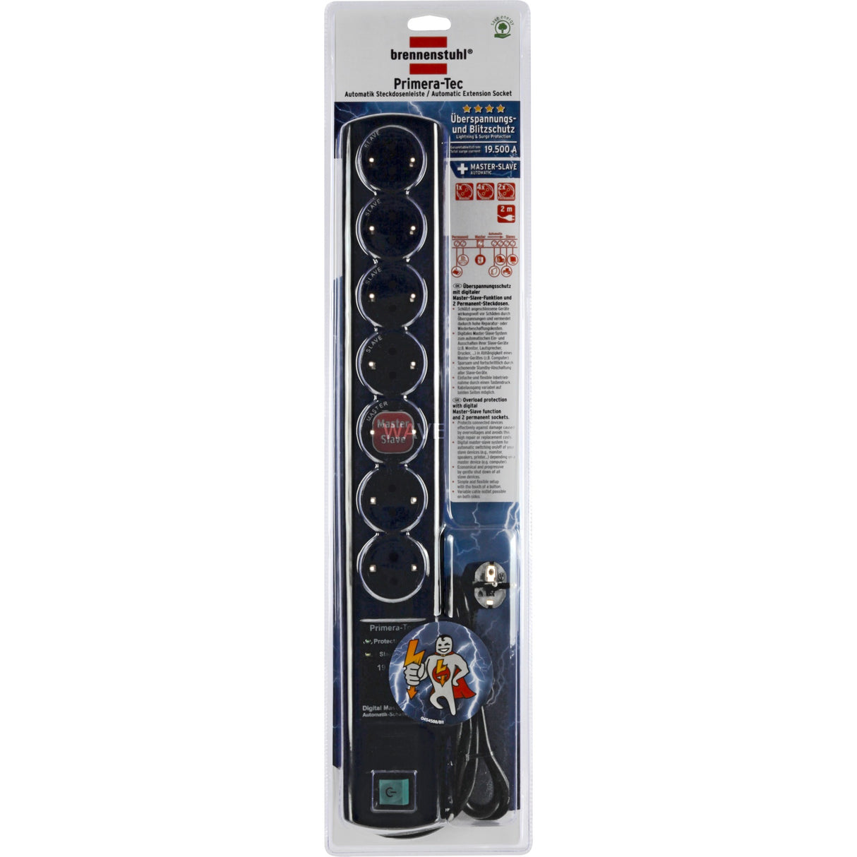 Brennenstuhl primera-tec digimaster 19.500a, 2m power strip (black, for 7 plugs, master-slave)