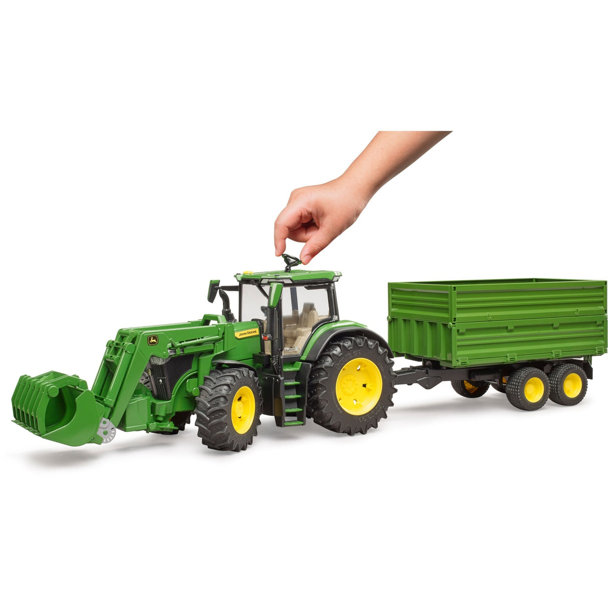 Trattore Bruder John Deere 7R 350 con rimorchio