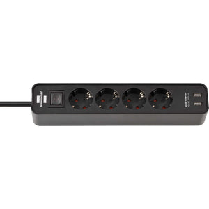 Brennenstuhl -stik med switch 4 -forbindelser + 2 USB -porte sort