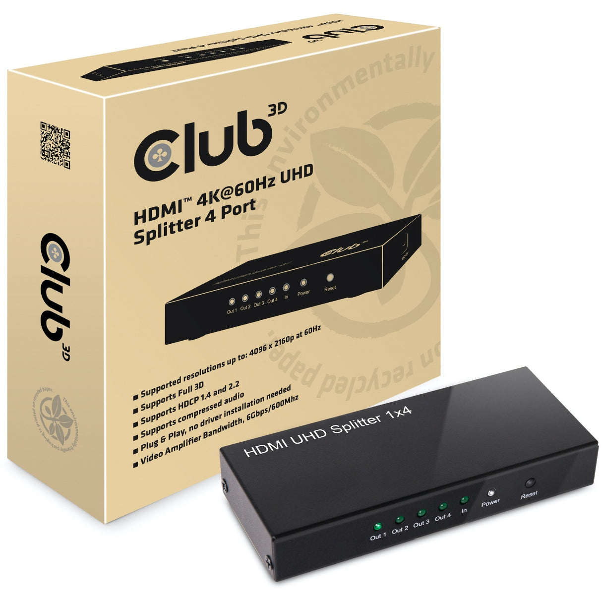 Club 3D HDMI 2.0 UHD Splitter 4 Ports HDMI Splitter (Black)