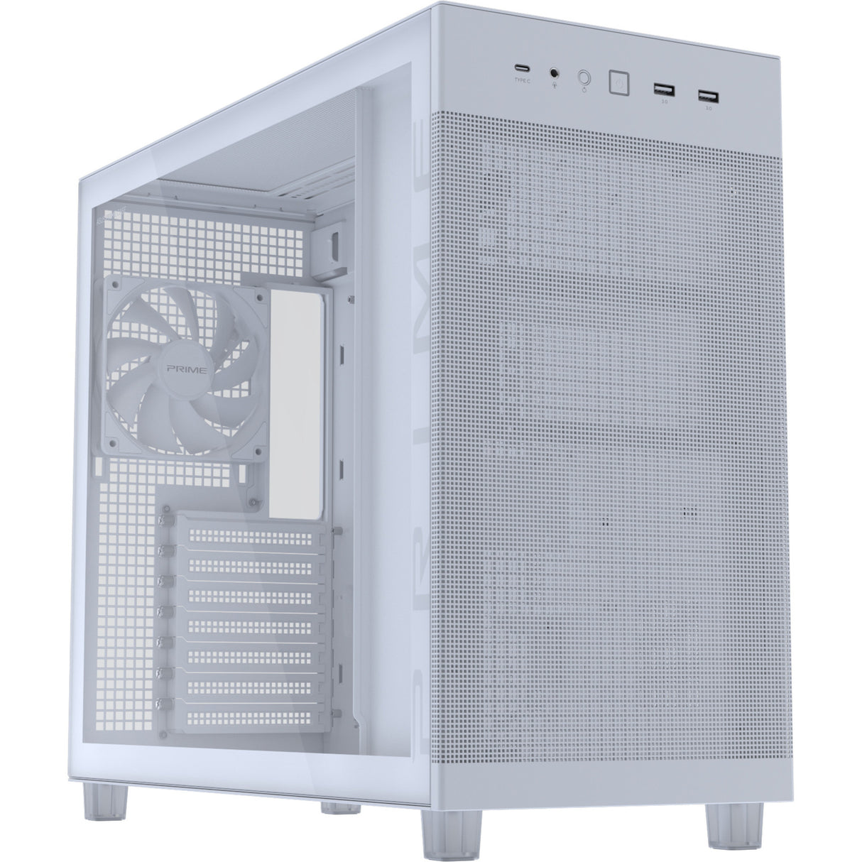 Asus prime ap303 - tempered glass panel midi tower behuizing (wit | 2x usb-a | 1x usb-c | tempered glass)
