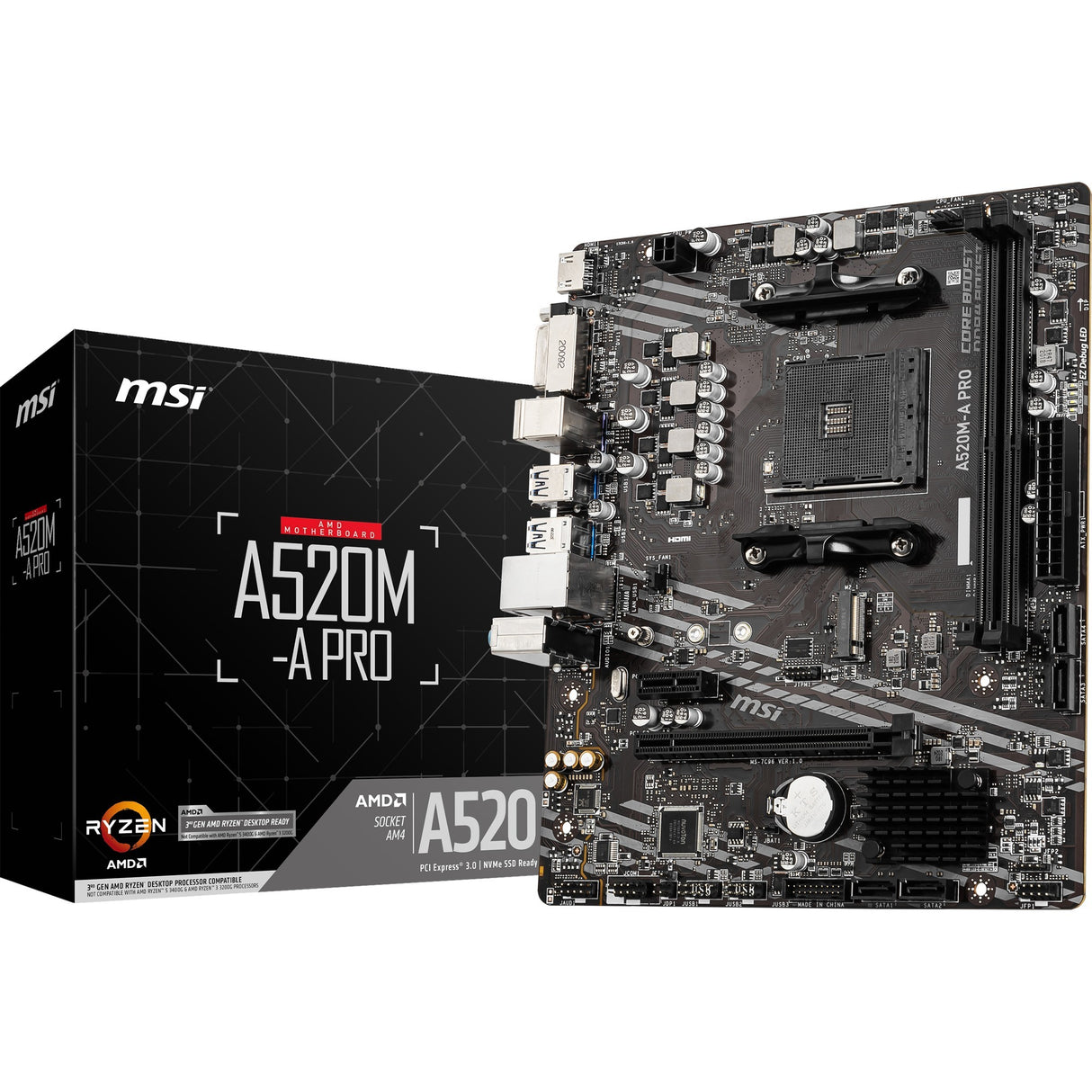 Msi a520m-a pro socket am4 motherboard (black grey, raid, gb-lan, sound, µatx)
