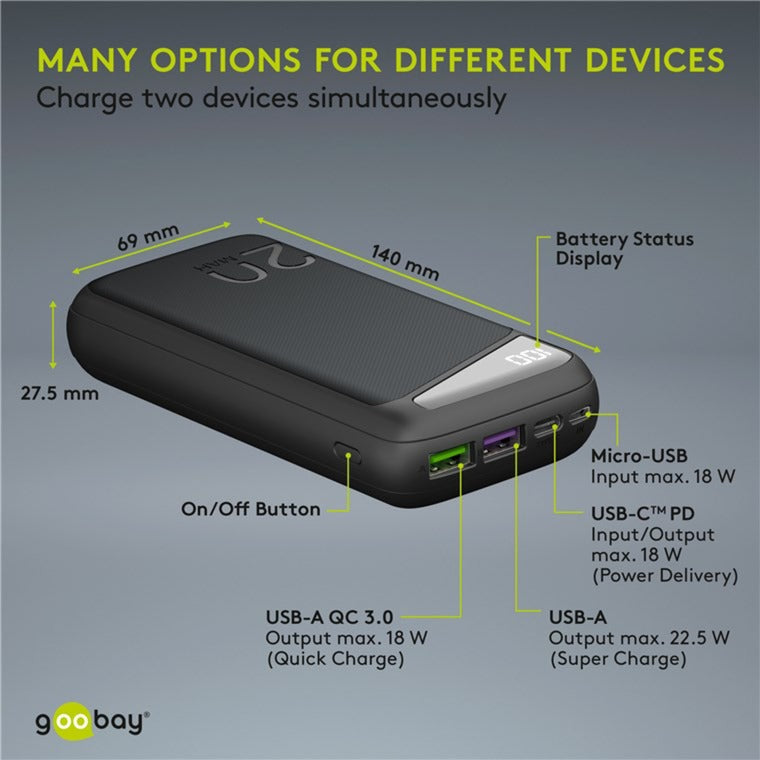 Goobay Quick Charge Power Bank 20,000 mAh - 74 Wh (Black, USB-C PD, QC 3.0)