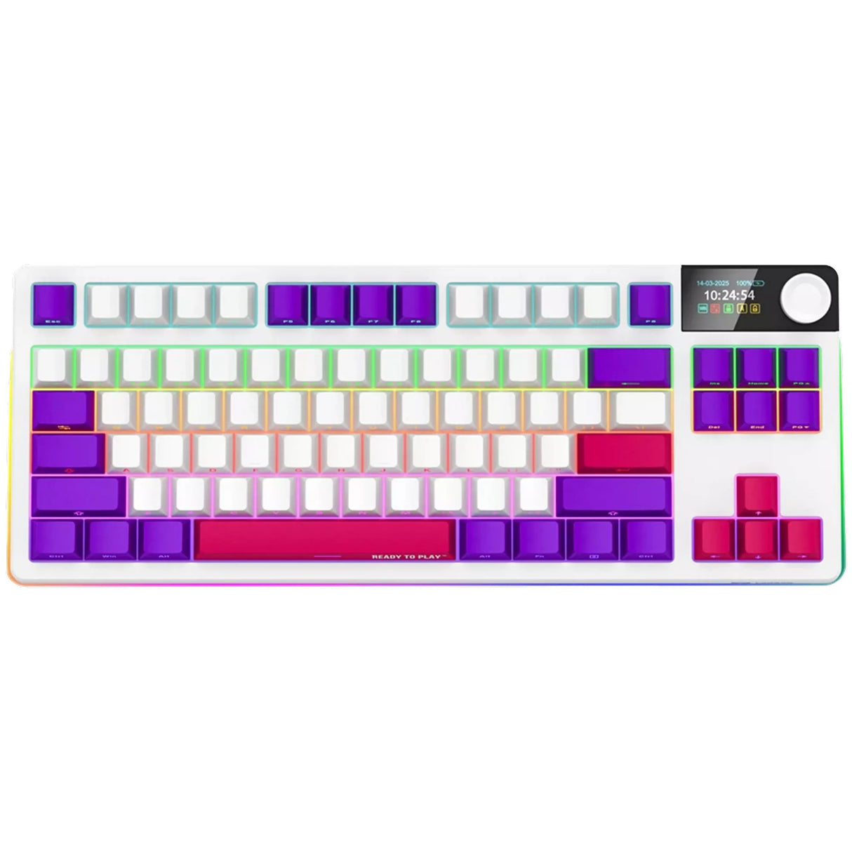 Lorgar kbp70tklw, gaming toetsenbord (wit, us lay-out, logar toxic purple, tkl, rgb, hot-swappable, pbt double-shot, bluetooth 2.4ghz usb)