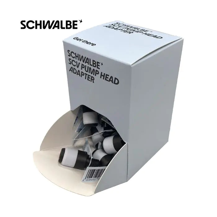 Schwalbe Thekendisplay mit 25 SCV-Pumpenkopfadaptern
