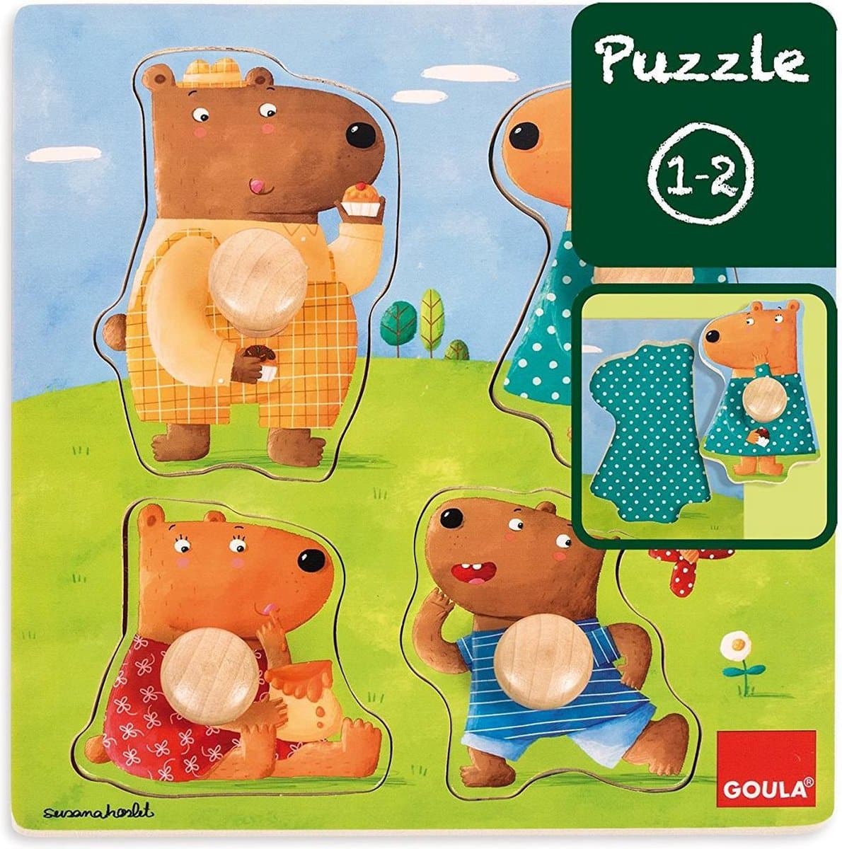 Goula puzzle - wooden button puzzle with 4 bears - 4 pieces
