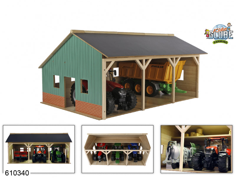 Kids Globe Globe Agricultural Shed Wood For 3 Tractors, 1:16