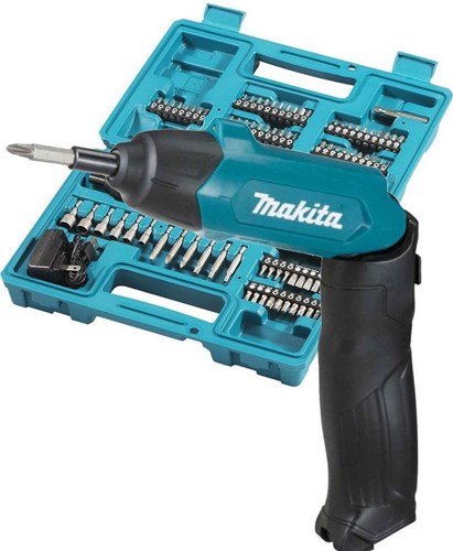 Makita df001dw 3,6v ruuvimeisseli sisäänrakennetulla 1,5 ah Li-ion akulla, laturi, kotelo, 81 kpl. sarja - df001dw