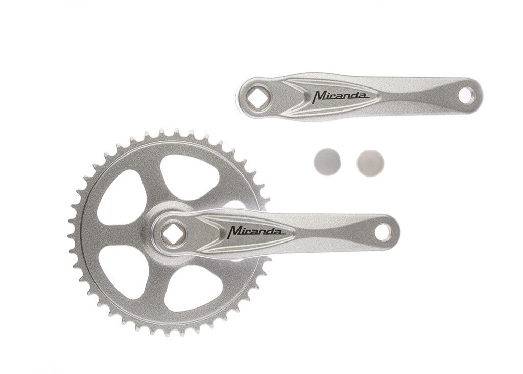 Miranda crankset Alfa 1 42T, crank length 170mm. Silver, aluminum, cotterless. Chainring 3/32