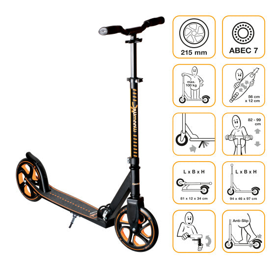 Muuwmi 2-Rad Kinstestp flappbare Foussbrems schwaarz orange orange