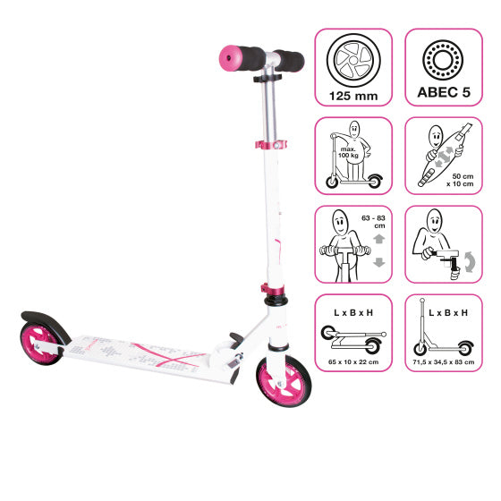 Muuwmi 2-hjuls kinderstep fällbar fotbroms vit rosa