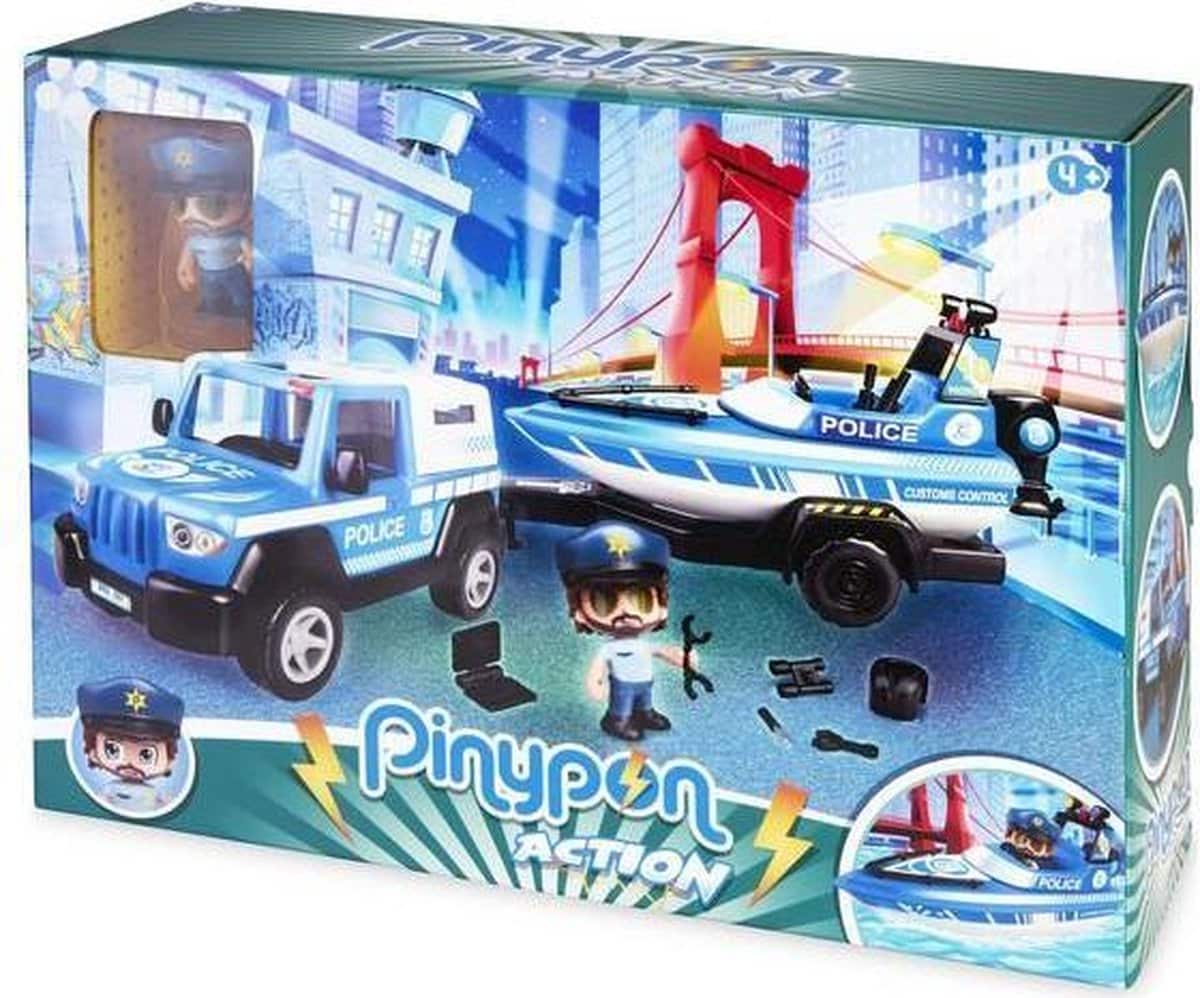 Famosa Pinypon Police car with trailer and boat, including play figure