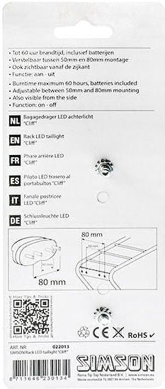 Simson battery luggage carrier rear light cliff 1 led on of