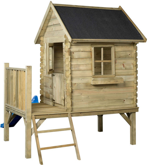 Swinging Camilla Wooden Playhouse avec toboggan bleu naturel