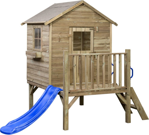 Swinging Camilla Wooden Playhouse avec toboggan bleu naturel