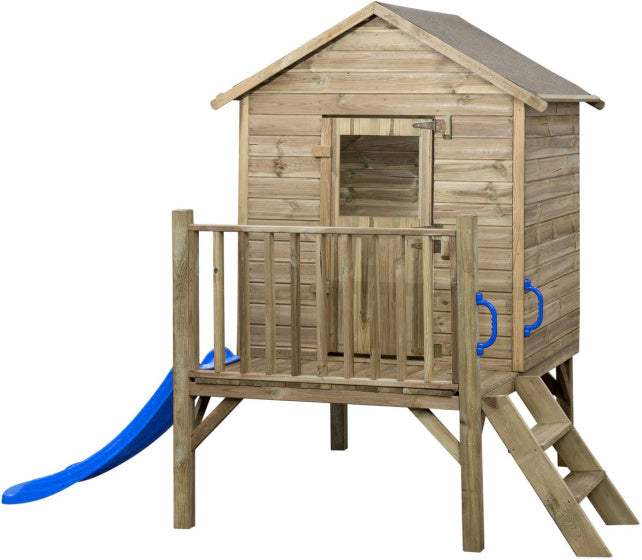 Swinging Camilla Wooden Playhouse avec toboggan bleu naturel