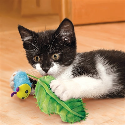 Kong Flingaroo caterpillar with leaf with catnip