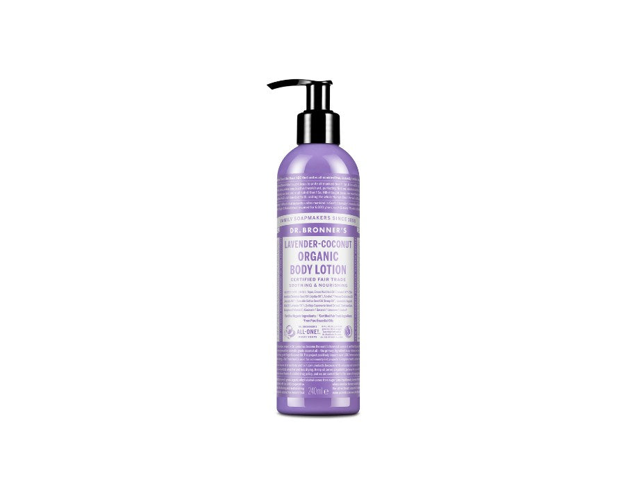 En Dr. DG. Dem Bronner seng Kierperlotion Lavender Kokosnoss