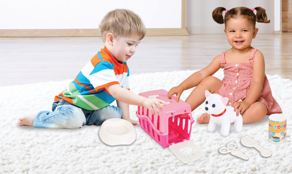 Pilsan kuschelige Katze mit Pflegehe Reisenkorb rosa weiß