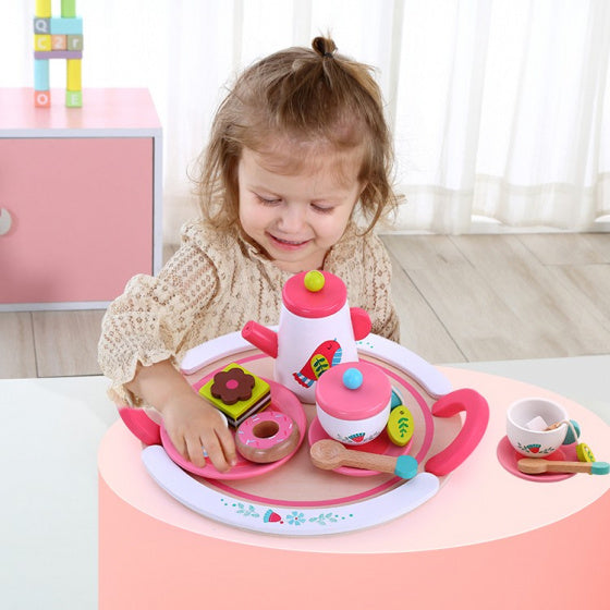 TOKY giocattolo per tè in legno per la forza bianca di 19 pezzi rosa bianco