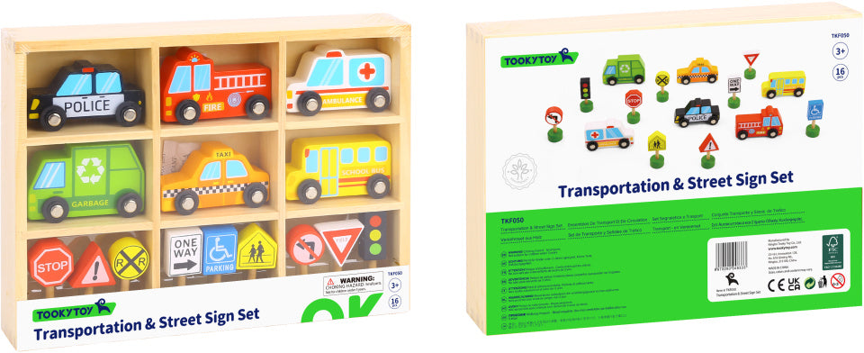 Toky Toy wooden vehicle and traffic sign set 16-piece