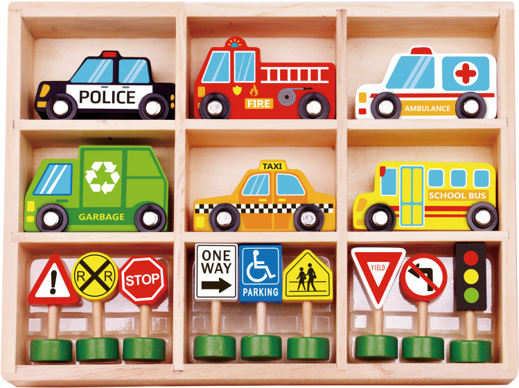 Tooky toy Wooden Vehicles and Traffic Signs Set 16-piece